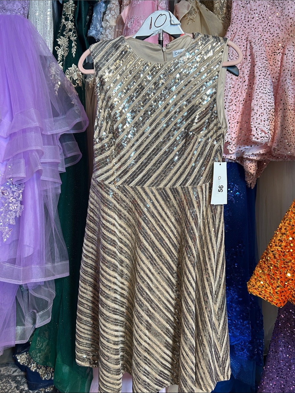 Calvin Klein Gold & Beige Sequin Fit-and-Flare Dress